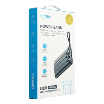 Powerbank Veger C10 (W1116) 10000 mAh z wbudowanymi kablami Micro USB / Typ C / Lightning czarny-475144