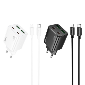 Ładowarka sieciowa do telefonu Hoco 2 x USB C + 2 x USB A QC3.0 PD 3A 30W + kabel USB C do Lightning N56 biała-493656
