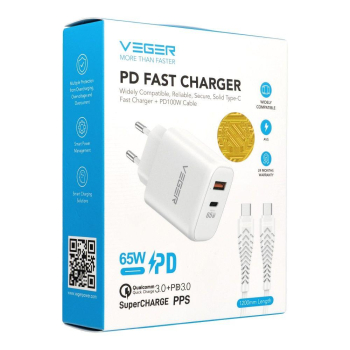Ładowarka sieciowa do telefonu VEGER USB A + Typ C PD QC3.0 3,25A 65W + kabel USB C do USB C TR67 biała-632633